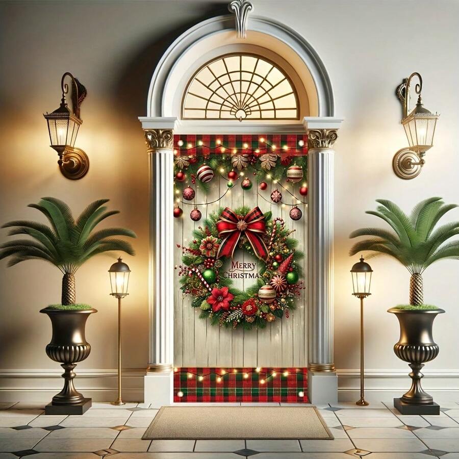 1pc,Classic Style Vertical Polyester Christmas Door Banner - Oblong Merry Christmas Front Porch Decoration, Seasonal Hanging Banner For Room And Door, Festive Graphic Design For Holiday Parties,Christmas - Multicolor - View 1