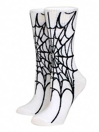 1pair Halloween Unisex Mid-Calf Socks Street Skateboard Black & White Personalized Sports Socks, Fall