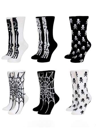 1双万圣节男女中筒袜街头滑板黑白个性运动袜，秋季