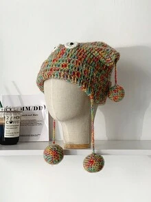 1pc Cute Colorful Tassel Ball Knitted Beanie Hat For Women, Warm Earflap Slouchy Oversized Winter Hat Christmas - Multicolor - View 14