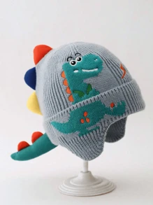 1pc Thick Double Layer Soft & Absorbent Knit Dinosaur Earflap Hat, Suitable For Children Outdoor, Walking, Playing, Skiing And Skating