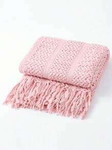 1pc Solid Color Bed Blanket, American Style Fringe Acrylic Rectangular Knitted Blanket For Office Nap, Sofa, Home Decor - Pink - View 8