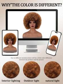 女士蓬蓬假发，棕色混合卷曲合成假发，10-12 英寸，70 年代 80 年代假发，弹性大，柔软自然，蓬松假发，适合派对角色扮演日常佩戴 - 漸變金色 - 查看 10