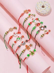12pcs Cute Santa Claus Snowflake Reindeer Gingerbread Penguin Christmas Tree Snowman Adjustable Bracelet Set Christmas Gift - Multicolor - View 4