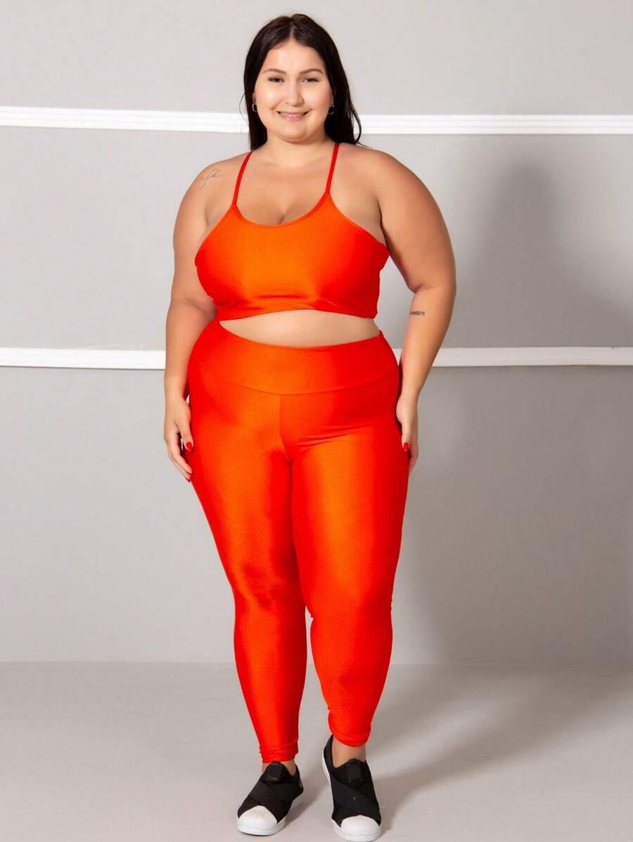 Tulle Detail Leggings Set + Plus Size Padded Top 11180/11179 - 橘色 - 查看 1