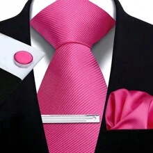 Set de corbata, pañuelo de bolsillo, gemelos y corbatín para hombre, corbatas de poliéster de rayas sólidas para todas las estaciones, fiestas y celebraciones, casual