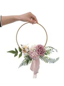 1件金属花环，适用于婚礼新娘、伴娘手持丝绸花环、新娘手持仿真玫瑰花束、西式户外婚礼伴娘手持仿真花环、婚礼仿真、人造花环、户外婚礼手持花环、摄影道具、婚纱配饰、情人节配饰 - 彩色 - 查看 16