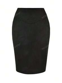 Women Suede High Waist Wrap Fitted Knee-Length Skirt, Business Casual Pencil Skirt