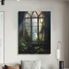 1pc Framed Vintage Ghost Canvas Wall Art Ghost Outside Looking In Cute Yet Spooky Aesthetic Poster Gothic Wall Art Spooky Halloween Decorations Gift For Halloween Lover Preppy Halloween Horror Wall Decor For Dorm Bedroom