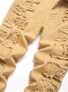 Men's Fashionable Fringe Elastic Skinny Jeans - Khaki - View 3