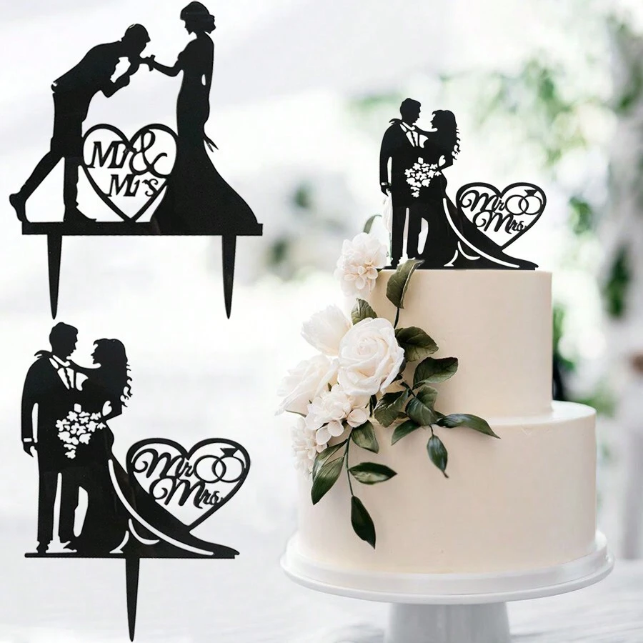 3 件套黑色婚礼设计蛋糕装饰适用于婚礼派对蛋糕装饰 - 彩色 - 查看 1