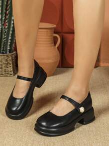 Giày lười đế xuồng đế xuồng màu đen cho nữ, đế dày thoải mái, gót dày, trang trí ngọc trai, cỡ nhỏ - màu đen - Xem 1