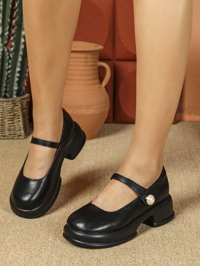 Women's Black Wedge Heel Platform Slip-On Loafers, Comfortable Thick Bottom, Chunky Heel, Pearl Decor, Petite Size