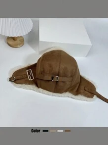 1pc Women's Faux Suede Fleece Warm Hat, Autumn Winter Windproof Earmuffs Earflap Aviator Cap For Skiing, Riding Halloween