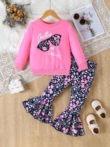 2 buc/Set pentru fetiță tânără cu gât cu mânecă lungă, ochelari de soare, cămașă cu litere + ținută casual cu pantaloni evazați cu imprimeu floral