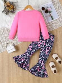 2 buc/Set pentru fetiță tânără cu gât cu mânecă lungă, ochelari de soare, cămașă cu litere + ținută casual cu pantaloni evazați cu imprimeu floral