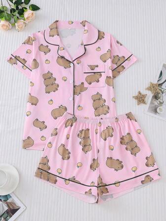 2pcs/Set Adorable Hamster Print Women Sleepwear Set, Short Sleeve Collared Cardigan Top And Relaxed Elastic Waist Shorts, Casual Loungewear For Women, All Seasons,Two Pieces Set