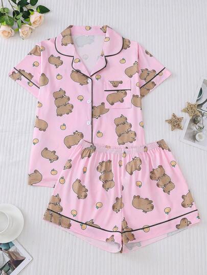 2 件套可爱仓鼠印花女士睡衣套装，短袖领开衫上衣和宽松松紧腰短裤，女士休闲家居服，四季皆宜，两件套