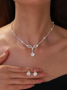 3入組新娘珠寶套裝,鑲有鑽石裝飾,包括項鍊,耳環,適用於女性或女孩,豪華派對婚禮禮物