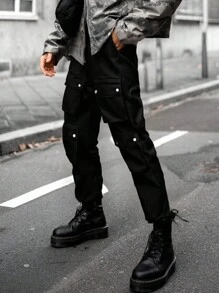 Men's Solid Color Fashion Multi-Pocket Casual Cargo Pants - Black - View 3