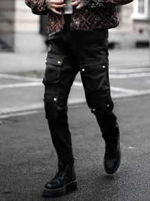 Men's Solid Color Fashion Multi-Pocket Casual Cargo Pants - Black - View 1