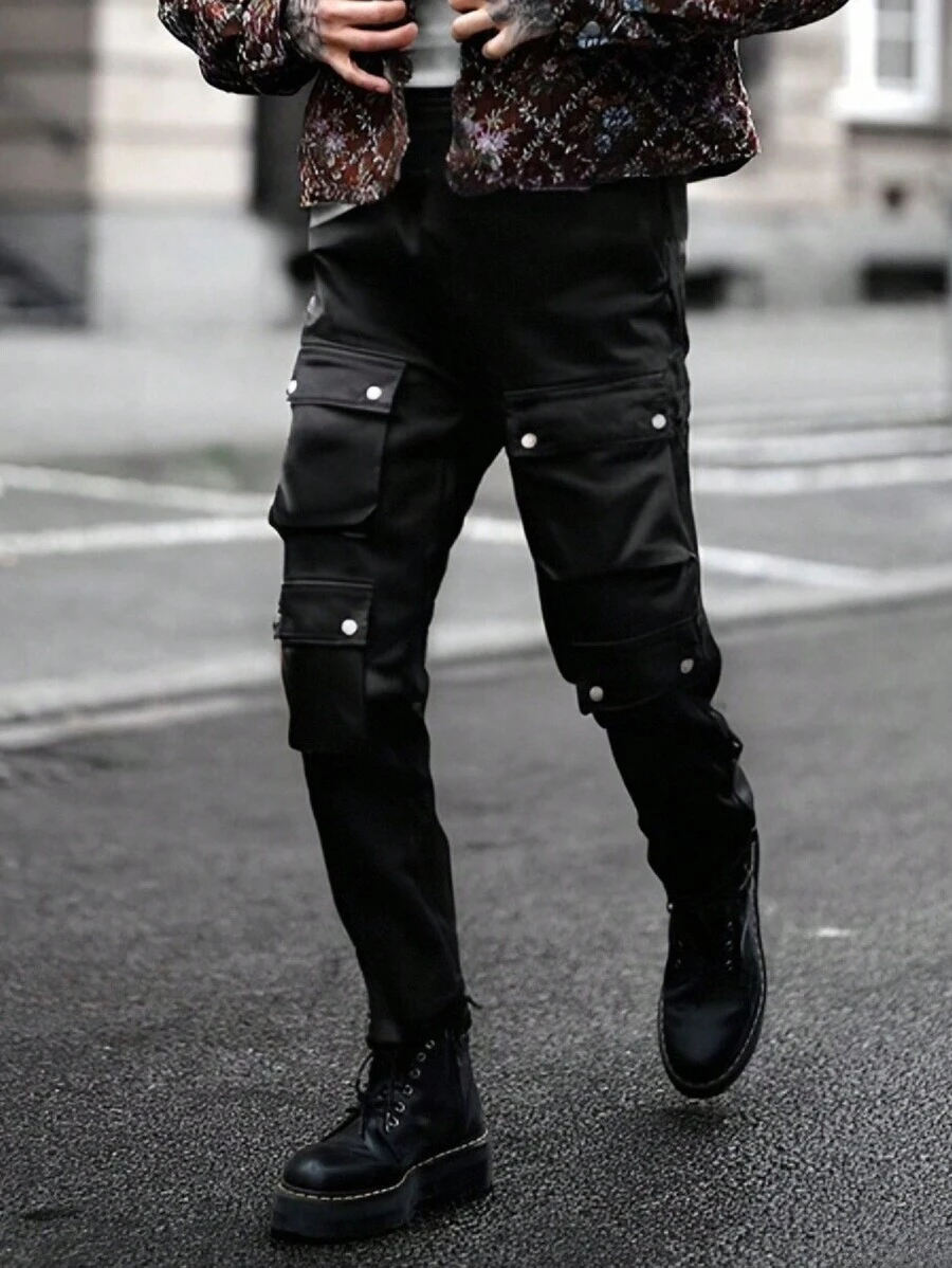 Men's Solid Color Fashion Multi-Pocket Casual Cargo Pants - Black - View 1