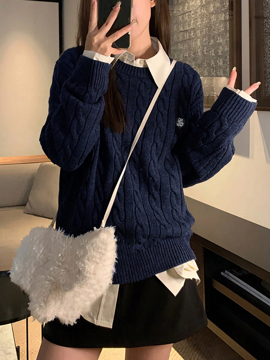 女式简约休闲字母贴花粗针织套头衫 - 藏蓝色 - 查看 1