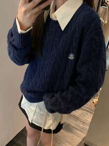 女式简约休闲字母贴花粗针织套头衫 - 藏蓝色 - 查看 4
