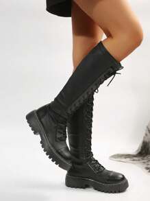 女士新款时尚休闲日常系带黑色中筒靴 - 黑色 - 查看 3