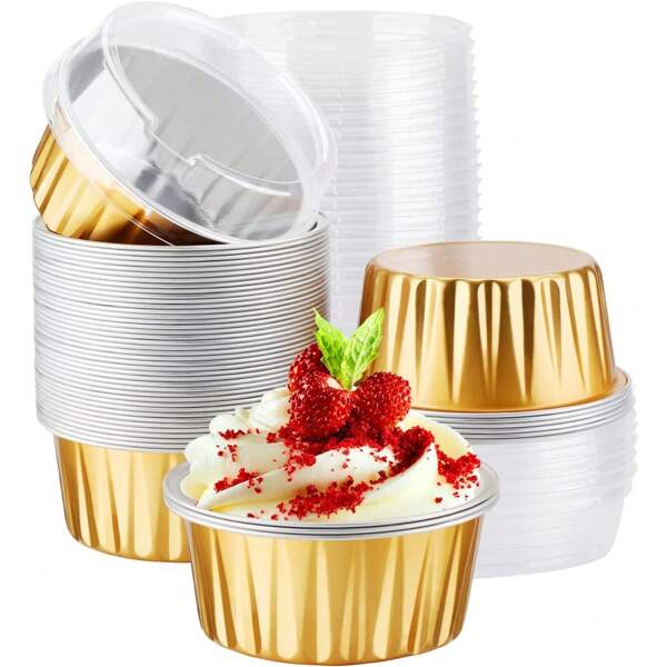 10/50/100pcs Disposable Ramekins (5oz/150ml) Mini Aluminum Foil Baking Cups With Lids Creme Brulee Cupcake Liners, Desert Cheesecake Pans Flan Molds Tin Cups Containers For Party Favor Birthday