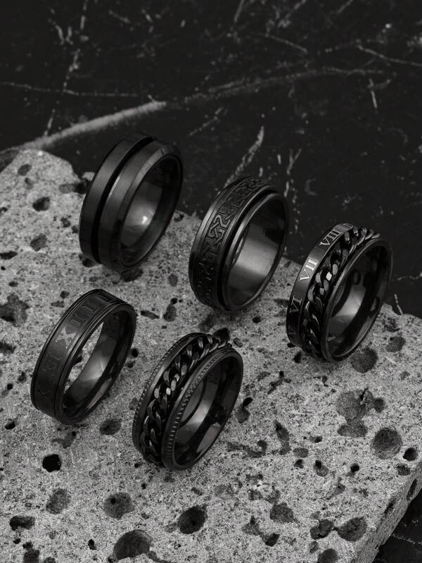 5 Pieces Fashionable Design Stainless Steel Splicing Text Romaji Elements Decoration Men'S Ring Set Suitable For Men And Women Daily Matching Use Holiday Engagement Dating Wedding Jewellery