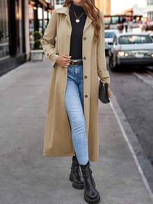 Ladies' Turndown Collar Button Cuff Long Trench Coat - Khaki - View 4