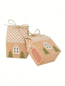 10 pezzi Scatole regalo a forma di casetta natalizia - Scatole di cartoncino kraft fai-da-te per confezioni di dolciumi natalizi - Decorazioni e bomboniere per matrimoni, feste e vacanze, Natale - Castano - Visualizzare 6