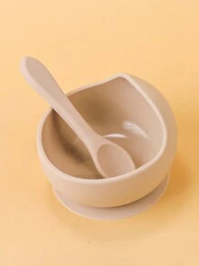 2件套婴儿喂食餐具套装硅胶碗带吸盘和软硅胶勺儿童训练软硅胶喂食套装礼物 - 杏色 - 查看 8