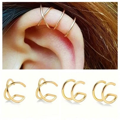 4/8/9 piezas Pendientes de clip con doble línea cruzada simple, pendientes de cartílago falsos espirales minimalistas y ajustables sin perforación, regalo de joyería elegante