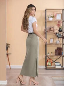 CHANGSHENG Two-Tone Linen Long Skirt With Brown Belt/The Fabric Is Better Than Tailoring//Slits On Both Sides/Button Details/Casual/Trend/Look/Everyday/Summer/Elegant/Casual/Stylish/Collection 2024 - 米色 - 查看 2