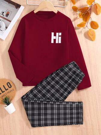 Boys' Fashionable Air-Conditioned Room Rest Long Sleeved Long Pants Home Clothes, Anti Kick And Cold, Spring And Autumn Summer 'Hi' Printed Top And Black And White Checkered Pants Set, Comfortable Fabric, Suitable For Home Wear