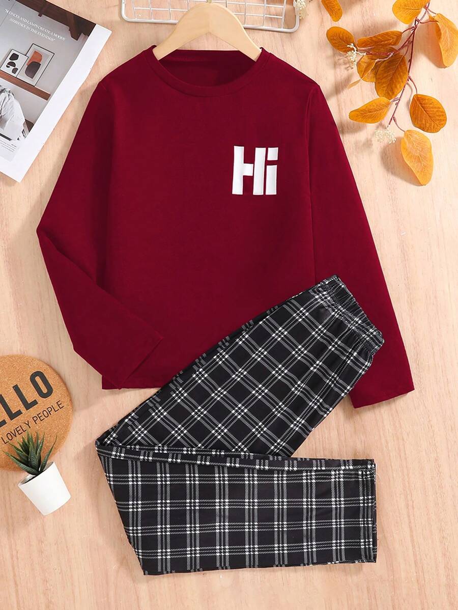 男童空调房居家服套装，长袖上衣搭配格子裤，防踢保暖，“Hi”印花衬衫搭配黑白格子裤，面料舒适，适合春、秋、夏三季穿着。 - 酒紅色 - 查看 1