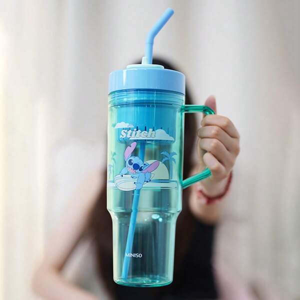 Miniso Disney Stitch Collection Plastic Tumbler 1250mL With Straw And Handle Ramadan Gift For School Opening Season(Blue)