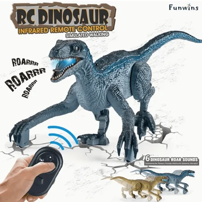 Robot dinosaurio con control remoto, juguete electrónico de robot dinosaurio que camina y ruge, juguete de Velociraptor con luces y 6 efectos de sonido, adecuado para regalos de Halloween y Navidad (Baterías no incluidas)