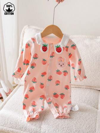 [Sweet Printed] Little Girl Strawberry Long Sleeve Romper Bodysuit