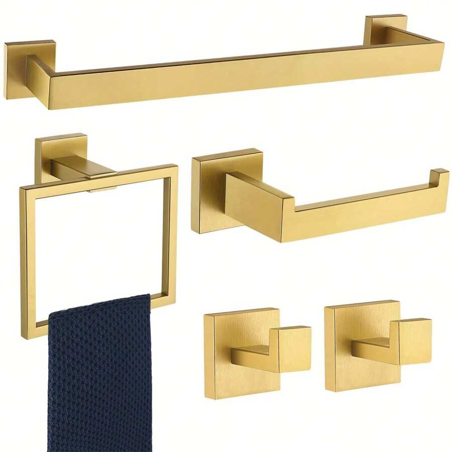 5pcs Brushed Nickel Bathroom Towel Bar Set Bathroom Accessories Hardware Set Including Towel Bar Towel Ring Coat Hook And Toilet Paper Holder With Shelf. Wall Mounted Stainless Steel Bathroom Accessories Bathroom Tools - Multicolor - View 1