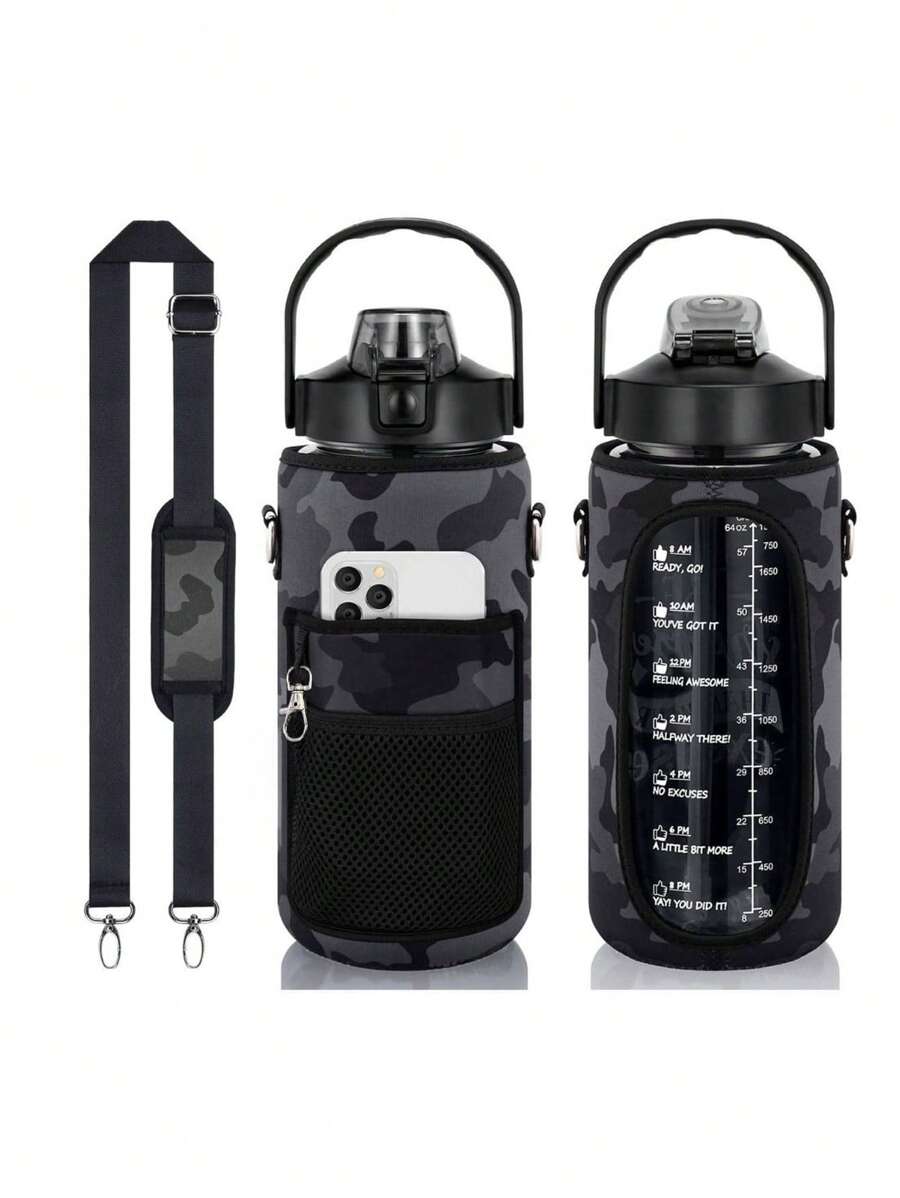 1 件 2000 毫升/64 盎司亚克力瓶盖（不含水瓶），口袋细节，厨房用玻璃杯套，适合运动和户外活动 - 黑色 - 查看 1