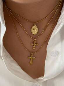 Monlansher 1 件女士新款不锈钢吊坠项链，多种吊坠选择，时尚简约时尚分层佩戴或单戴 - 金色 - 查看 4