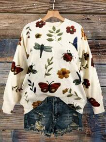 Maglione girocollo casual chic da donna con stampa floreale digitale, adatto per uso quotidiano, pendolarismo e shopping, autunno/inverno - Multicolore - Visualizzare 1