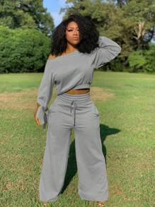 Women's Solid Color Off-Shoulder Sweatshirt And Sports Pants Set, Suitable For Autumn/Winter - Grey - View 1