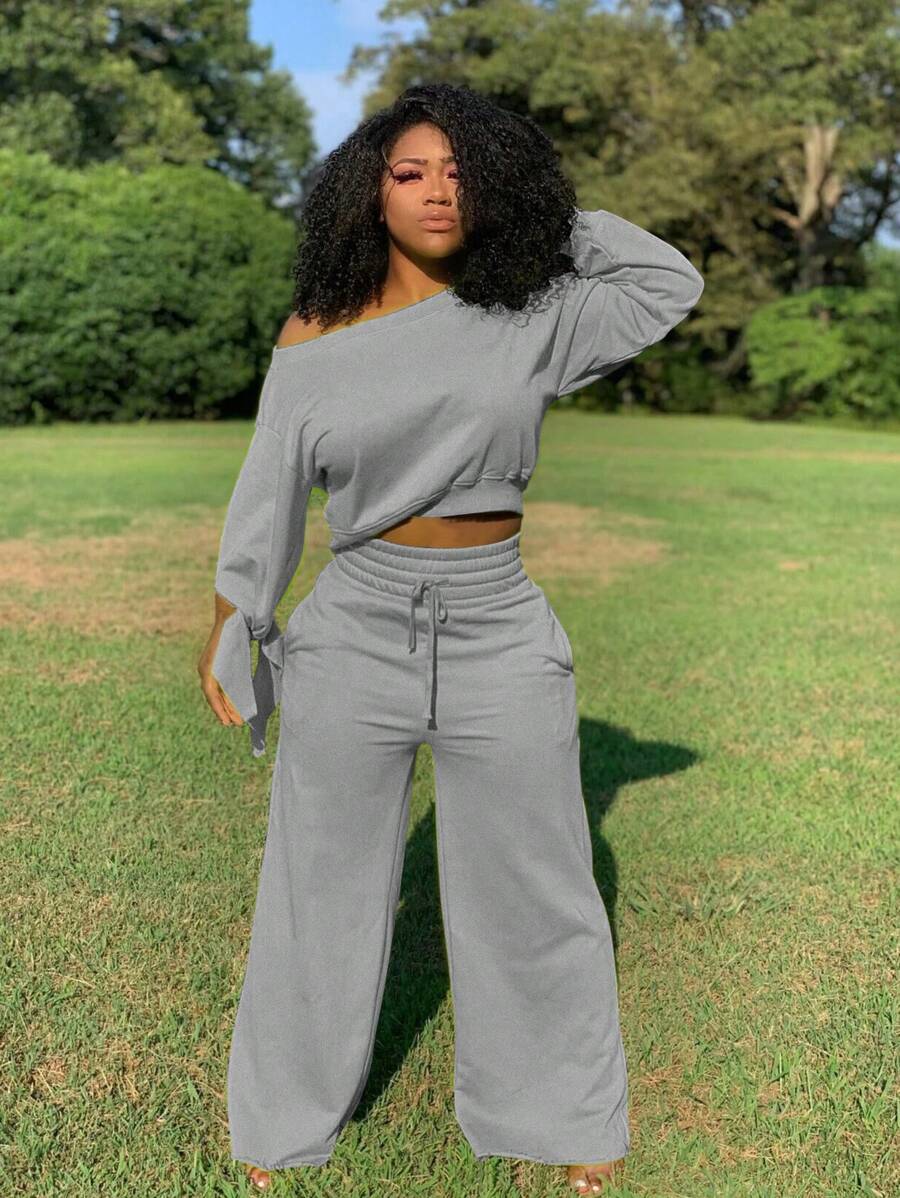 Women's Solid Color Off-Shoulder Sweatshirt And Sports Pants Set, Suitable For Autumn/Winter - Grey - View 1
