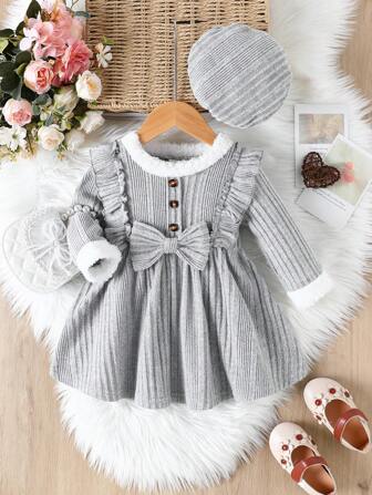 2pcs Baby Girl Sweet Plush Ribbed Ruffle Bow Patchwork Elastic Waist Furry Princess Dress & Elastic Beret Hat Set