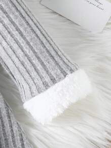 两件套女婴连衣裙套装，可爱罗纹荷叶边蝴蝶结拼接松紧腰毛绒球公主裙和贝雷帽套装，适合温暖的春秋季休闲穿着 - 灰色 - 查看 6