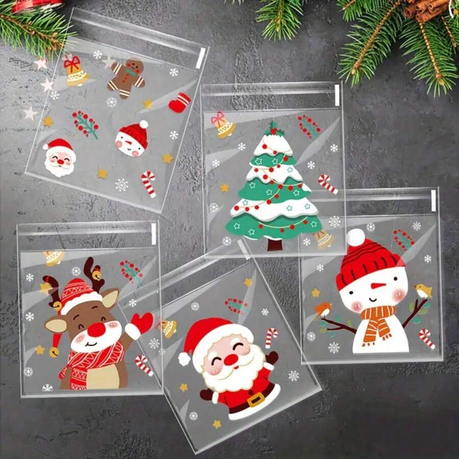 100pcs Christmas Candy Bags - Self Sealing OPP Candy & Cookie Bags With Holiday Cartoon Patterns, Suitable For Gift Giving,Christmas